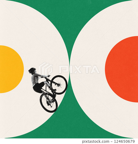 Contemporary art collage. Young woman biking through abstract curves. Power and control. Training in wild terrain. Artwork in Bauhaus style. 124650679