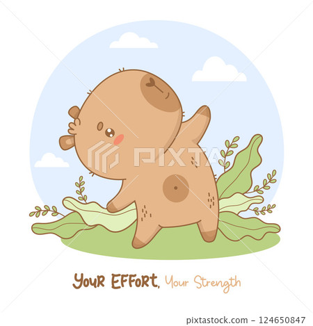 Capybara athlete doing Pilates stretching in nature. Cute cartoon kawaii character animal yogi with funny slogan. Vector illustration. Kids collection 124650847