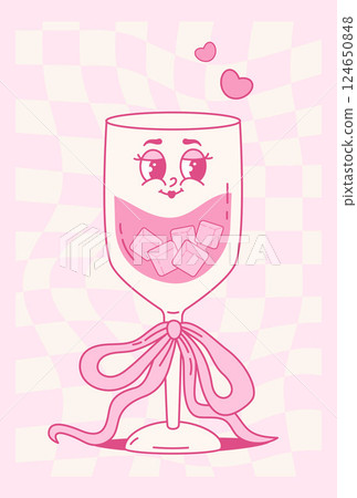 Romantic Groovy Glass Drink Character with Coquette Pink Bow. Aesthetic Cocktail with ice cubes on Twisted Checkered Background. Vintage Girly Vibe. Vector illustration. Trendy poster 70s, 80s style Romantic Groovy Glass Drink Character with Coquette Pink Bow. Aesthetic Cocktail with ice cubes on Twisted Checkered Background. Vintage Girly Vibe. Vector illustration. Trendy poster 70s, 80s style 124650848