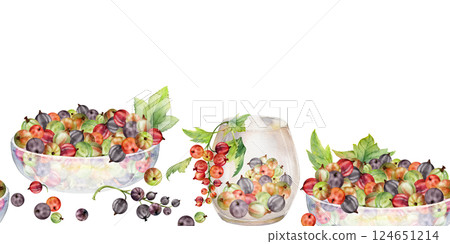 Currant gooseberry with leaves in glass bowls, hand drawn in watercolor, scattered ripe picked berry harvest. Isolated seamless banner. Dessert cafe menu, cookbook, craft farmers market, gardening eco 124651214