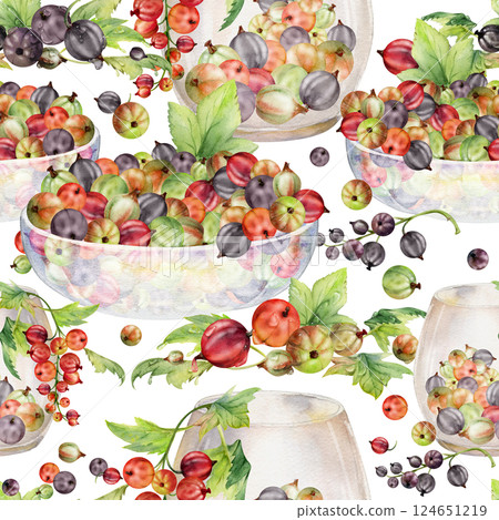 Currant gooseberry with leaves in glass bowls, hand drawn in watercolor, scattered ripe picked berry harvest juneberry casseille jostaberry. Isolated seamless pattern. Scrapbooking, washi tape, cover Currant gooseberry with leaves in glass bowls, hand drawn in watercolor, scattered ripe picked berry harvest juneberry casseille jostaberry. Isolated seamless pattern. Scrapbooking, washi tape, cover 124651219