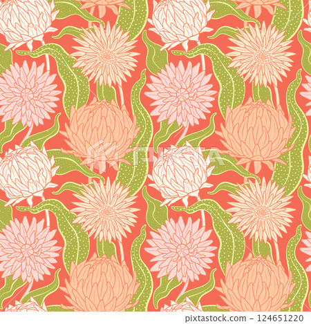 Bright floral vector seamless pattern. Light pink blooming flowers and leaves on bright pink background. Elegant botanical repeat design for fabrics, print, wallpaper. Summer garden tile illustration 124651220