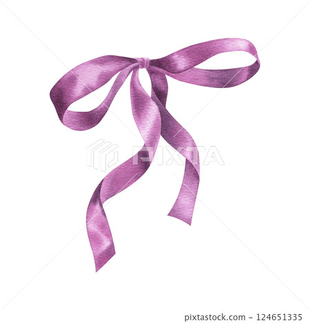 Purple satin ribbon bow. Hand drawn watercolor illustration of silk knot on isolated background for gift or present. Drawing of ornate textile tape for polygraphy, planner, sticker, decor, gift boxes. Purple satin ribbon bow. Hand drawn watercolor illustration of silk knot on isolated background for gift or present. Drawing of ornate textile tape for polygraphy, planner, sticker, decor, gift boxes. 124651335