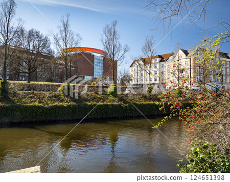 The river Aarhus Aa with the art museum Aros in the background The river Aarhus Aa with the art museum Aros in the background 124651398