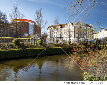 The river Aarhus Aa with the art museum Aros in the background The river Aarhus Aa with the art museum Aros in the background 124651399