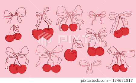 Cherry with bow coquette girly fruit, tie ribbon sketchy doodle drawing, y2k retro aesthetic. Whimsical cute cherry. Cherry with bow coquette girly fruit, tie ribbon sketchy doodle drawing, y2k retro aesthetic. Whimsical cute cherry. 124651817