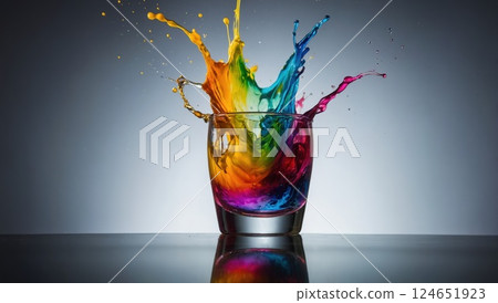Colorful Liquid Splashing Into a Glass Against a Neutral Background 124651923
