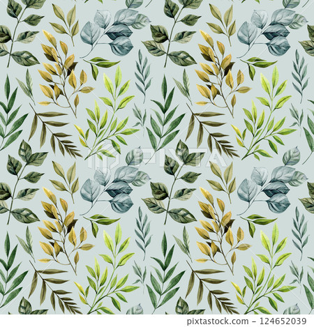 greenery seamless pattern with tropical and forest leaves in various shades watercolor botanical foliage illustration greenery seamless pattern with tropical and forest leaves in various shades watercolor botanical foliage illustration 124652039