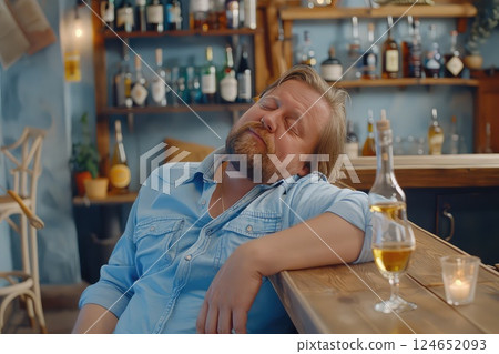 A drunk man fell asleep on the bar counter in front of an unfinished bottle of whiskey. A drunken man slumps over the bar counter, an unfinished bottle of whiskey beside him. A drunk man fell asleep on the bar counter in front of an unfinished bottle of whiskey. A drunken man slumps over the bar counter, an unfinished bottle of whiskey beside him. 124652093