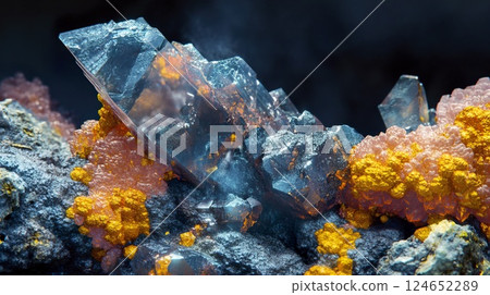 Close up of a rock surface covered in various crystals and mineral formations 124652289