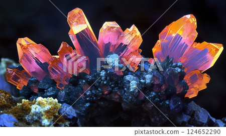 Cluster of natural crystals on a textured rock surface in a close-up view 124652290