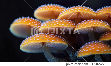 Group of orange mushrooms with white dots growing on forest floor in natural setting 124652296