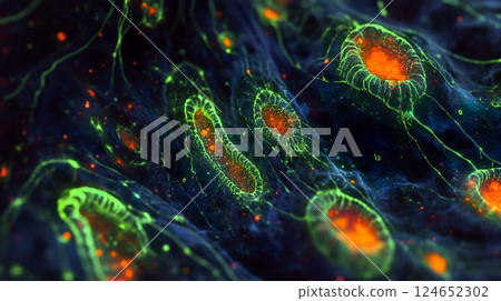 Close-up image of a biological cell structure showcasing organelles and cellular components 124652302