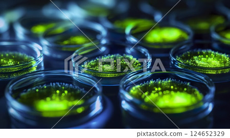Close up image of green cells under microscope in biological research and study 124652329