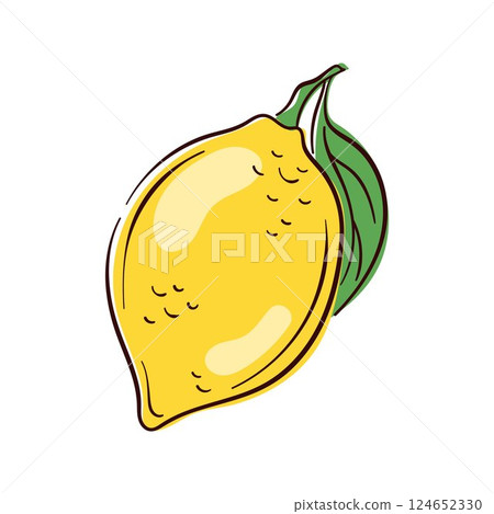 Lemon with green leaves in a simple flat style. Perfect for food citrus drink, healthy lifestyle and organic design. Great for kitchen decor and cafe menu design. 124652330