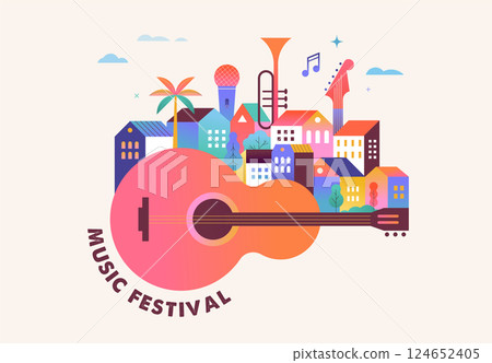 Colorful geometric summer music festival template, poster, banner. Summer time fun concept design 124652405