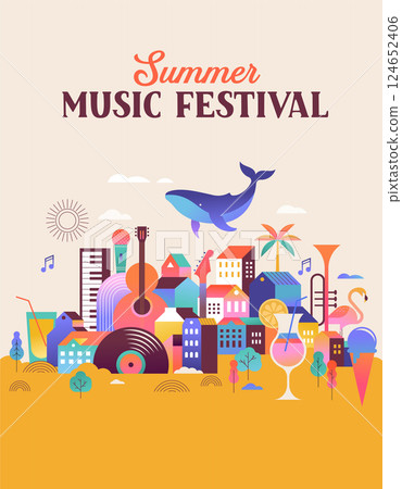 Colorful geometric summer music festival background, poster, banner. Summer time fun concept design 124652406