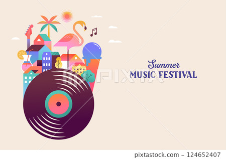 Colorful geometric summer music festival template, poster, banner. Summer time fun concept design 124652407
