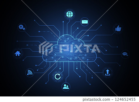 Cloud networking computing connection with internet icons concept circuit design. Digital data transform download and upload. Cloud technology network. Vector illustration 124652455