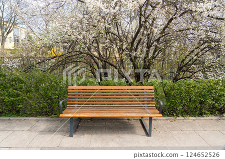 Old, wooden bench in street. Outdoor city architecture, wooden benches, outdoor chair Old, wooden bench in street. Outdoor city architecture, wooden benches, outdoor chair 124652526