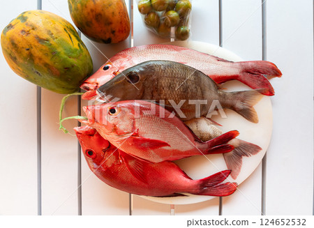 Red Snapper fish close up, Lutjanus or seabream, Sebastes fresh sea food, raw uncooked Red Snapper fish close up, Lutjanus or seabream, Sebastes fresh sea food, raw uncooked 124652532