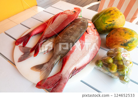 Red Snapper fish close up, Lutjanus or seabream, Sebastes fresh sea food, raw uncooked 124652533