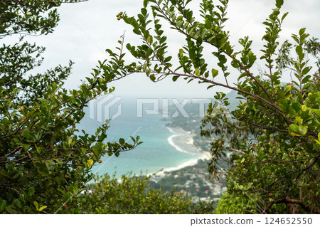 Panoramic views from Dans Gallas Trail on Mahe, Seychelles, overlooking lush forest, mountains 124652550