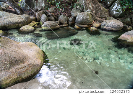 Crystal-clear stream pool surrounded by mossy boulders and tropical forest Crystal-clear stream pool surrounded by mossy boulders and tropical forest 124652575