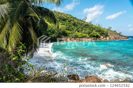 Scenic view of turquoise bay and lush jungle coastline at Anse Major, Mahe island, Seychelles 124652582