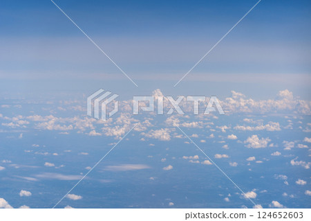 Blue Sky with White Clouds, Flying above Sunny Cloudy Sky Texture Pattern, Fluffy Clouds Plane View 124652603