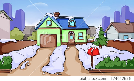 House facade with pine tree and letterbox in winter. 124652636
