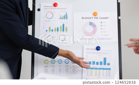 Presentation and Performance Metrics. Professional presenting budget and financial data on a whiteboard. Presentation and Performance Metrics. Professional presenting budget and financial data on a whiteboard. 124652638