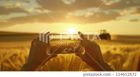 A farmer takes a photo of a working tractor on his field with a smartphone. Amidst the dust and dirt, the farmer captures a moment of gratitude for his dependable tractor. 124652672