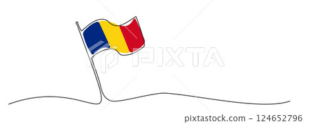 Single line Romania flag, one line Romania symbol, yellow, red and blue national emblem 124652796