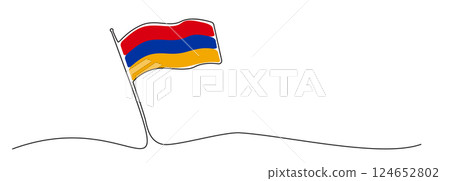 Single line Armenia flag, one line Armenian symbol, orange, red and blue national emblem 124652802