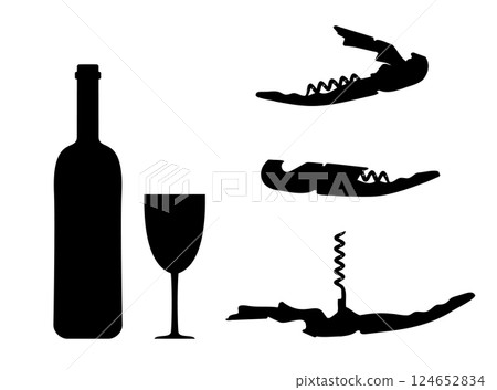 Black Corkscrew Icon, Wine Bottle Opener Symbol, Metal Cork Screw Silhouette on White Background 124652834