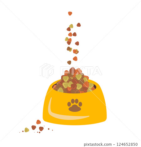 Dry pet food , cat color kibble, meat and vegetable pellets, cat protein croquette meal, food granules 124652850