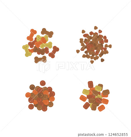 Dry pet food icon set, dog color kibble, puppy meat and vegetable pellets, various croquette Dry pet food icon set, dog color kibble, puppy meat and vegetable pellets, various croquette 124652855