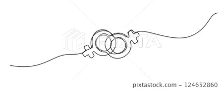 Continuous thin line gender icon, minimalist male female rights draw, one line art sex equity symbol, 124652860