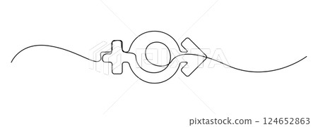 Continuous thin line gender icon, minimalist male female rights draw, one line art sex equity symbol, Continuous thin line gender icon, minimalist male female rights draw, one line art sex equity symbol, 124652863