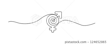 Continuous thin line gender icon, minimalist male female rights draw, one line art sex equity symbol, 124652865