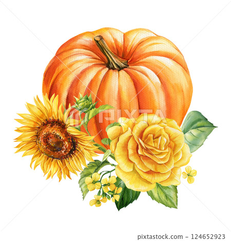 watercolor pumpkin with yellow rose, sunflower bouquet autumn composition hand painted thanksgiving floral illustration 124652923