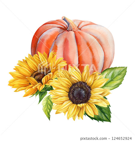 Watercolor autumn pumpkin sunflower floral arrangement. Thanksgiving illustration Yellow flower Seasonal harvest design  124652924