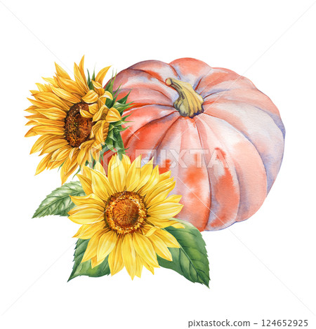 watercolor pumpkin sunflower bouquet autumn harvest illustration hand painted fall composition with flowers and leaves 124652925