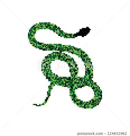 Pixel snake icon, 8 bit viper symbol, retro style computing serpent sign, simple snake silhouette Pixel snake icon, 8 bit viper symbol, retro style computing serpent sign, simple snake silhouette 124652962