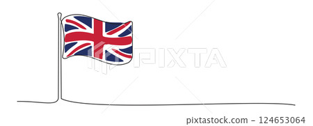 Single line English flag, one line Great Britain symbol, red, blue and white national emblem 124653064