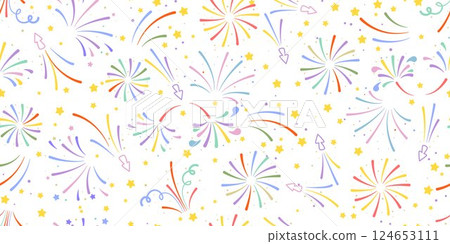 Multicolored salutes, fireworks, poppers and confetti seamless pattern Multicolored salutes, fireworks, poppers and confetti seamless pattern 124653111