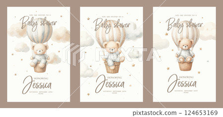 Set of Watercolor New born baby shower invitation. Greeting card with teddy bear, Hot Air Balloon, clouds and stars 124653169