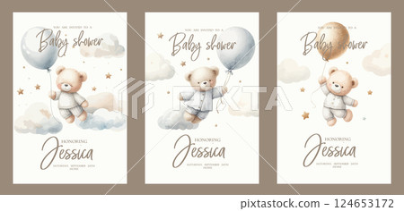 Set of Watercolor New born baby shower invitation. Greeting card with teddy bear, Balloon, clouds and stars. 124653172