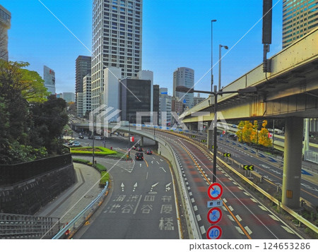 Tokyo roads and highway overpasses. Akasaka. Illustrated photo. 124653286